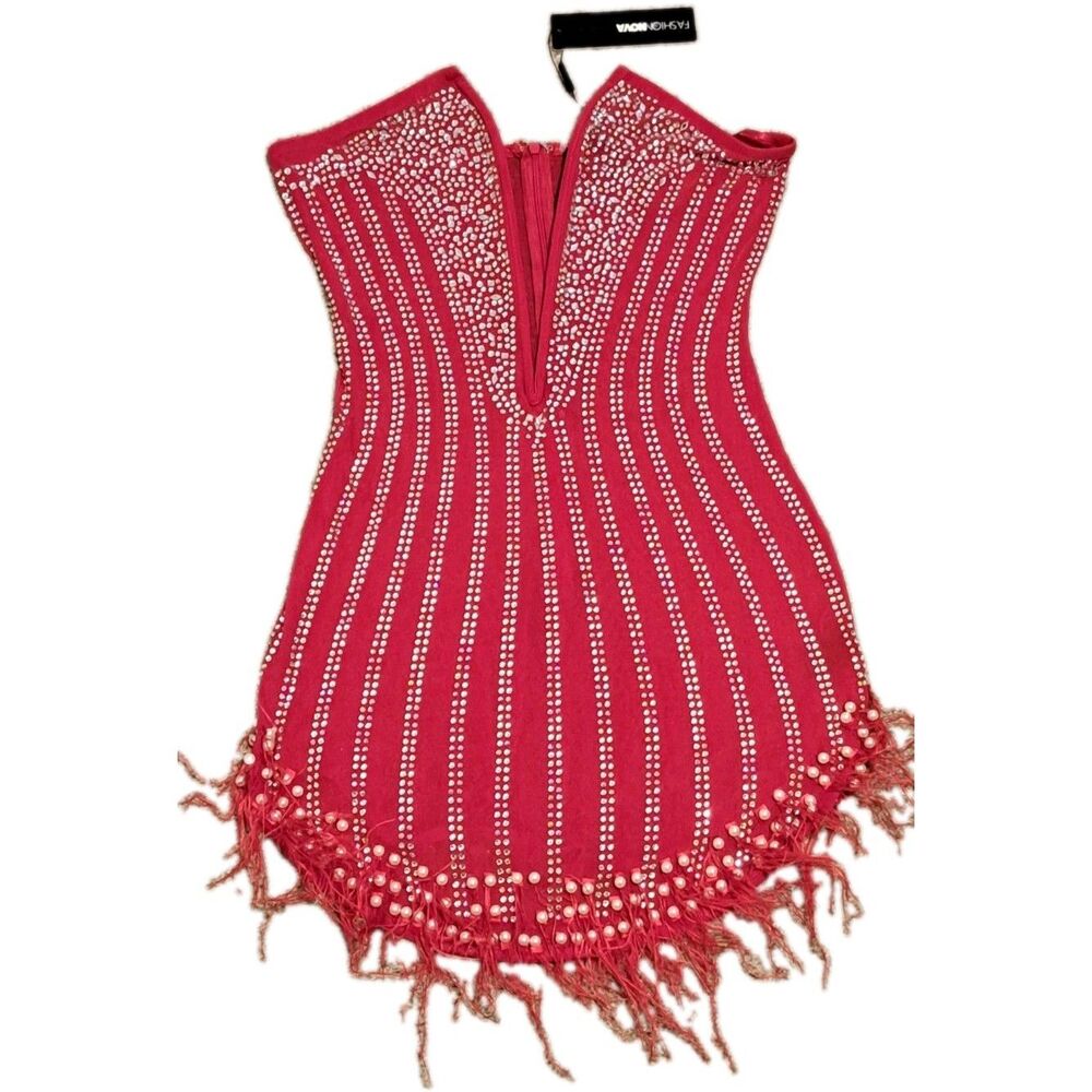 Fashion Nova NWT Glammed Up Embellished Red Mini Dress Misses Size Large - Picture 5 of 11